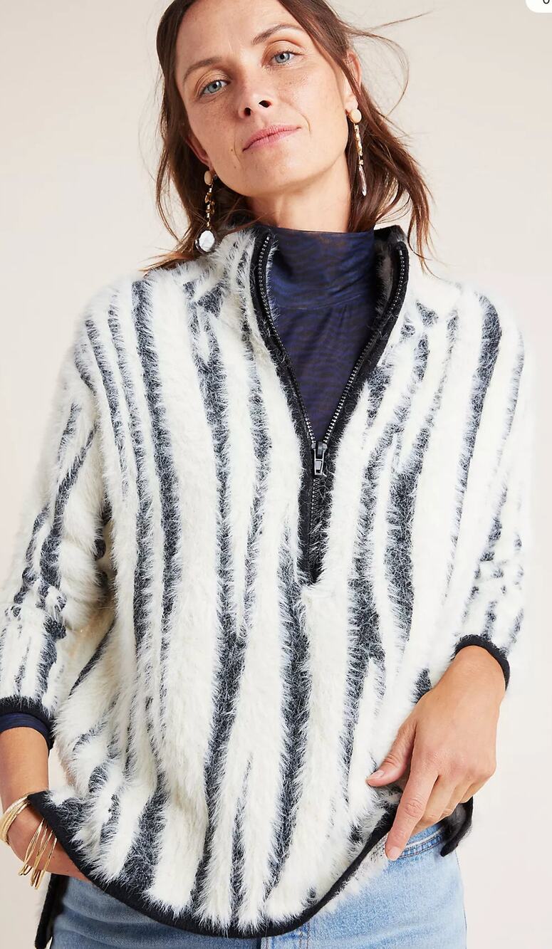 Anthropologie Cindy Eyelash Half Zip Pullover Sweater Womens XS Black Cream